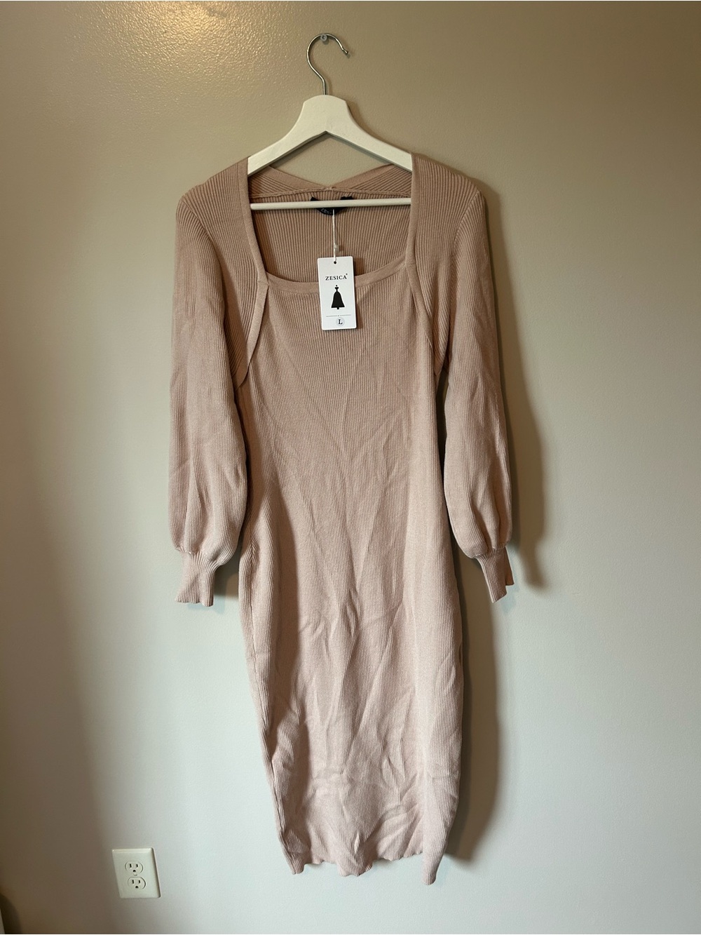 Nude Knit Square-Neck Midi Dress